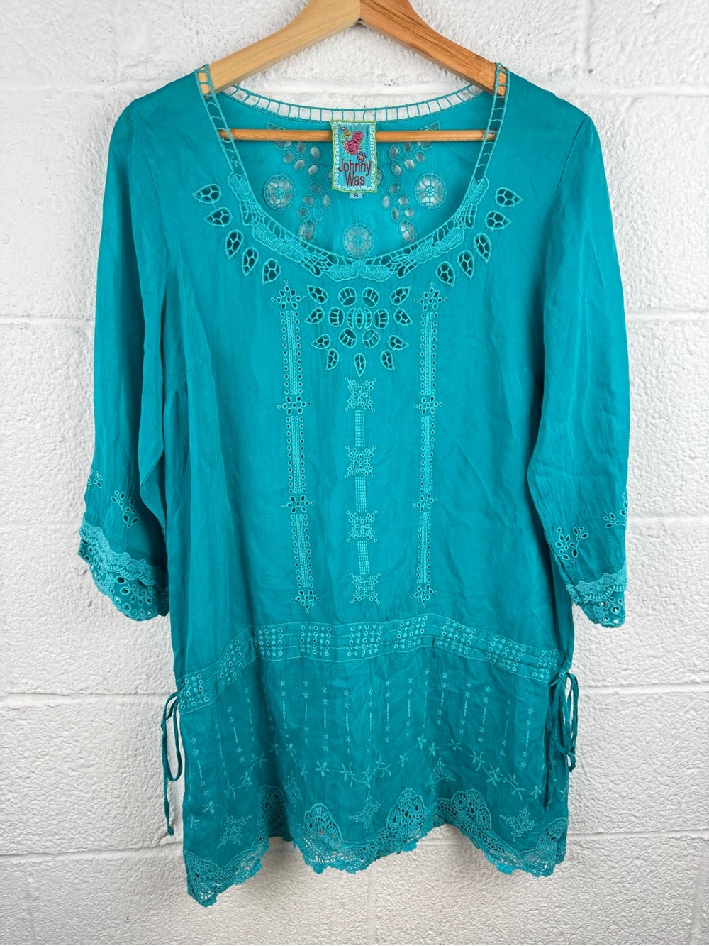 Johnny Was Teal Embroidered Eyelet Tunic Top Size Small